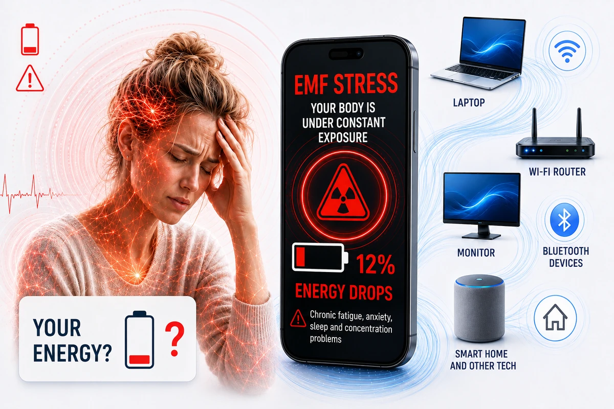 EMF stress, reduced energetic resource and digital technology around a person